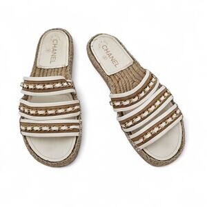 Chanel Chain Slide Flat Sandal Espadrille White Leather Gold Size 39 C US 8 8.5